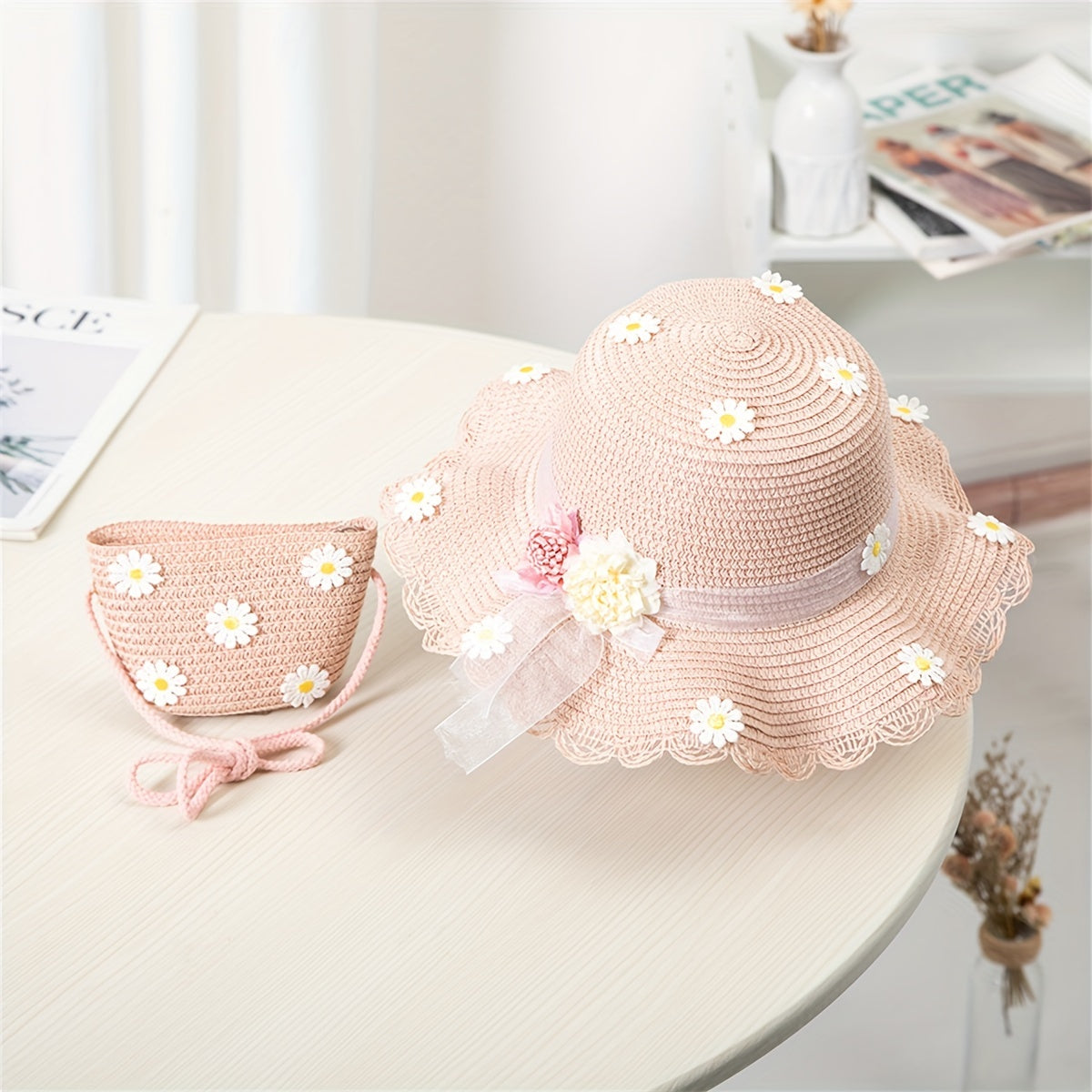 Teen Girls Straw Hat with Daisy Pattern and Matching Bag Summer Water-Resistant