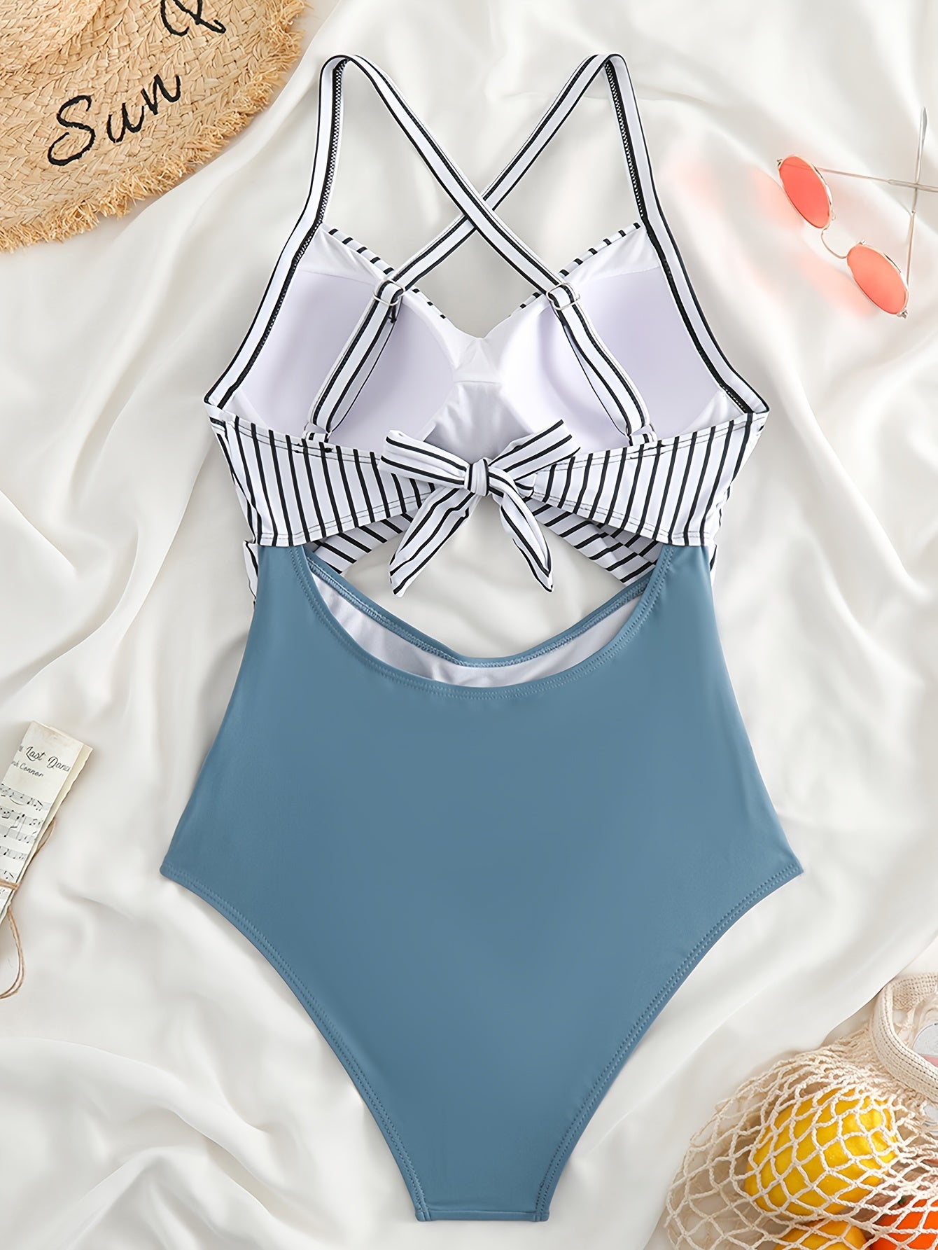 Women's Striped One-Piece Swimsuit with Cut-Out Twist and Criss Cross Tie Back
