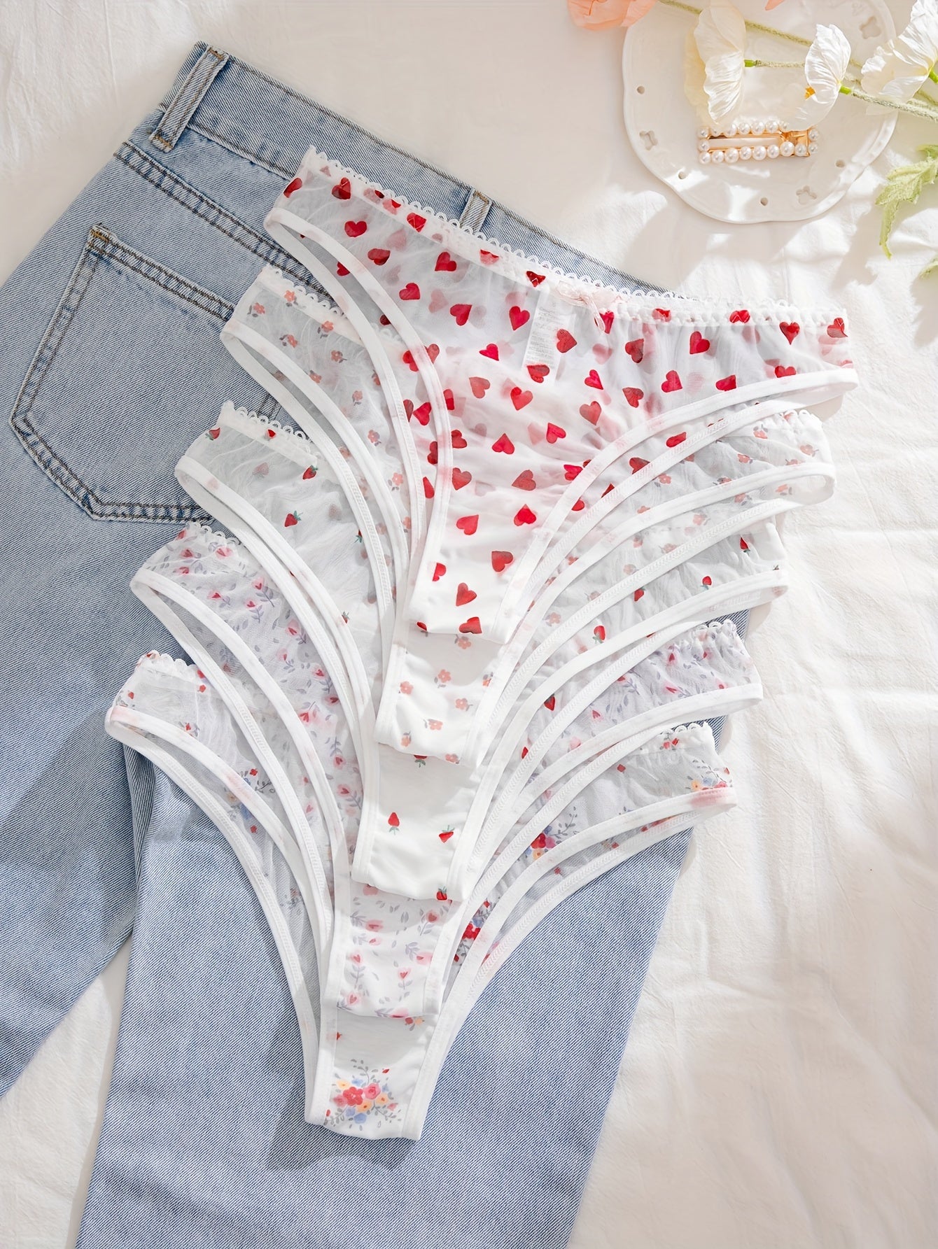 Women's Floral Print Panties 5 Pack Lace Trim Polyester Blend Elastic Waist