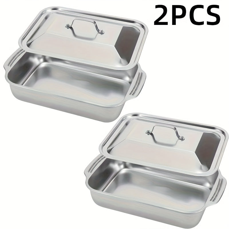 2-Piece Nonstick Stainless Steel Roasting Pan Set with Lids, Heavy-Duty Rectangular Bakeware