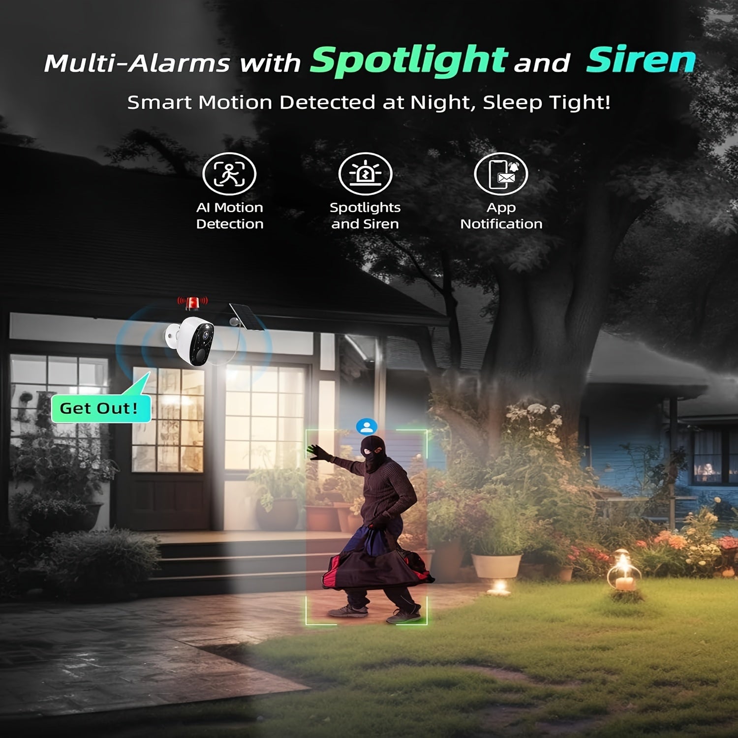 Wireless Outdoor Security Camera 3MP FHD Night Vision Spotlight Battery Solar Wi-Fi Two-Way Audio