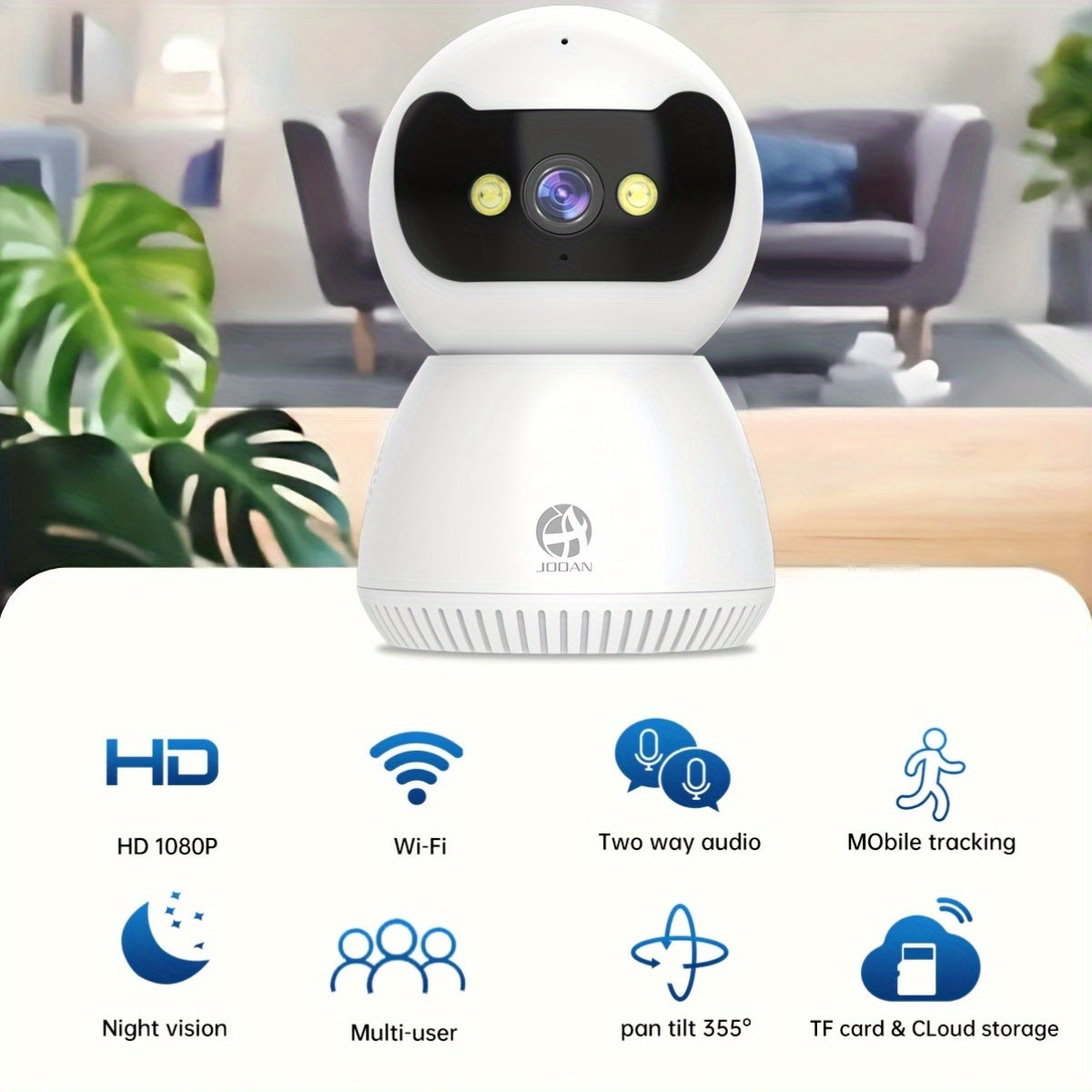 Cámara de seguridad WiFi HD 1080P con detección de movimiento, visión nocturna, audio bidireccional y vista panorámica