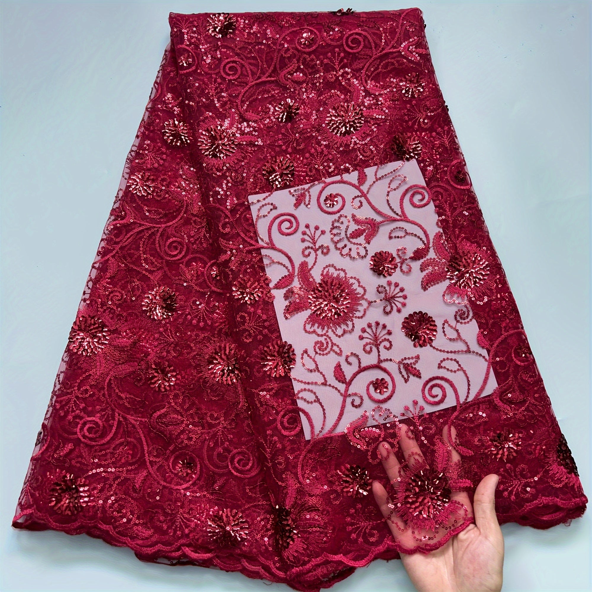 Floral Sequin Tulle Lace Fabric 4.57 Meters for Bridal Gowns Polyester Hand Wash