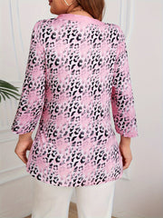 Plus Size Leopard Print Long Sleeve T-Shirt Casual Tie Front Top