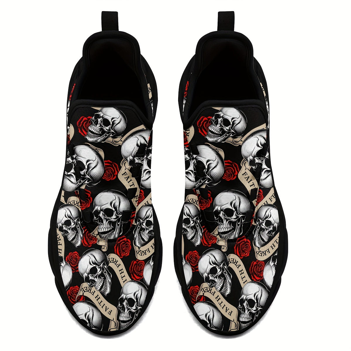 Gul va qurbongoh naqshiga ega, shoelace dizayni, sirpanmaydigan va zarbani yutuvchi taglikka ega bo'lgan kattalar o'lchamidagi erkaklar krossovkalari.