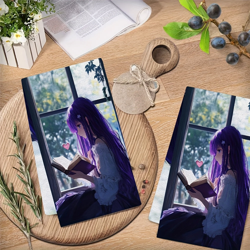 Set of 2 Ultra-Soft Kitchen Towels Anime Girl Purple Hair Absorbent Dish Towels