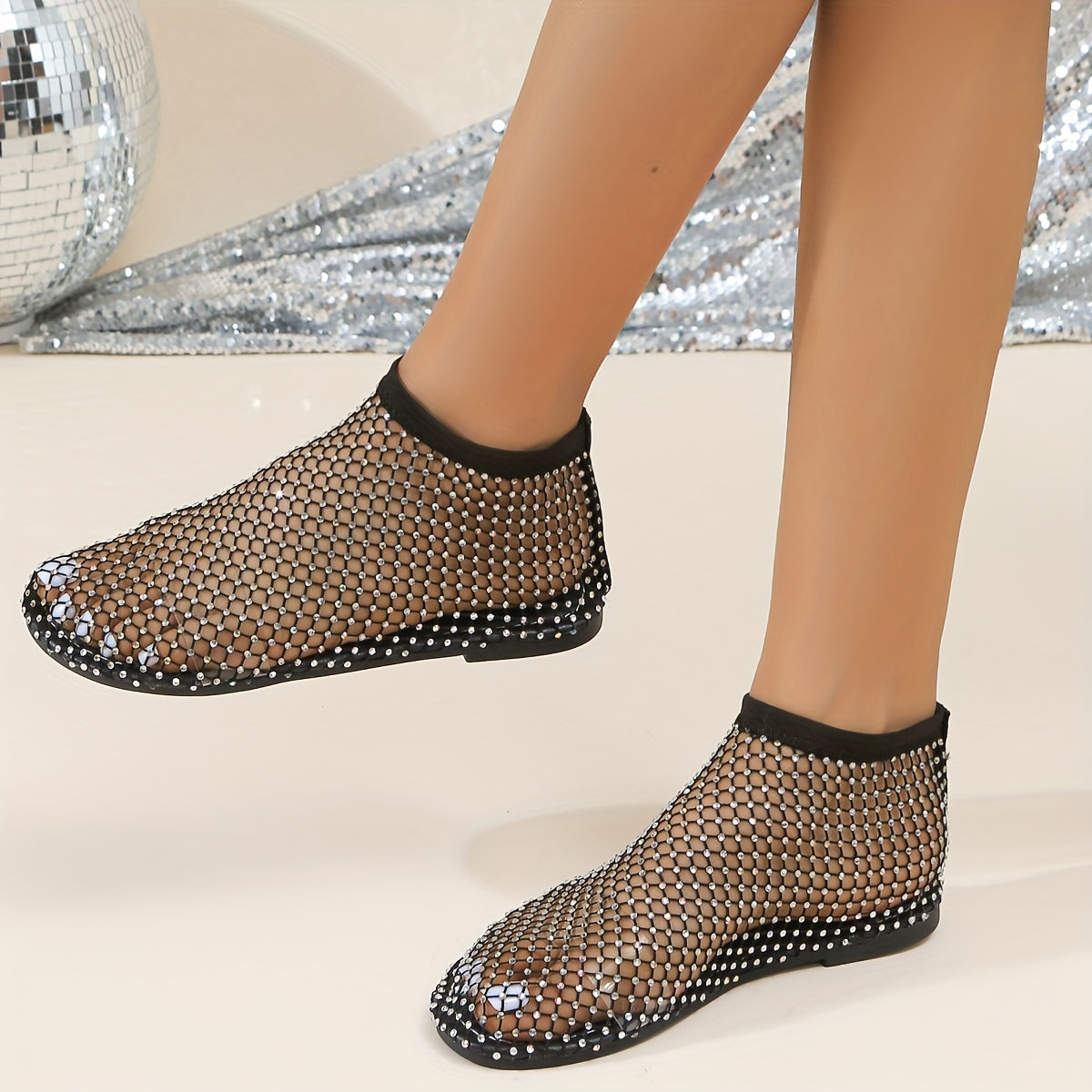 Women's Mesh Rhinestone Flat Sandals with Elastic Band and Cut-Out Design