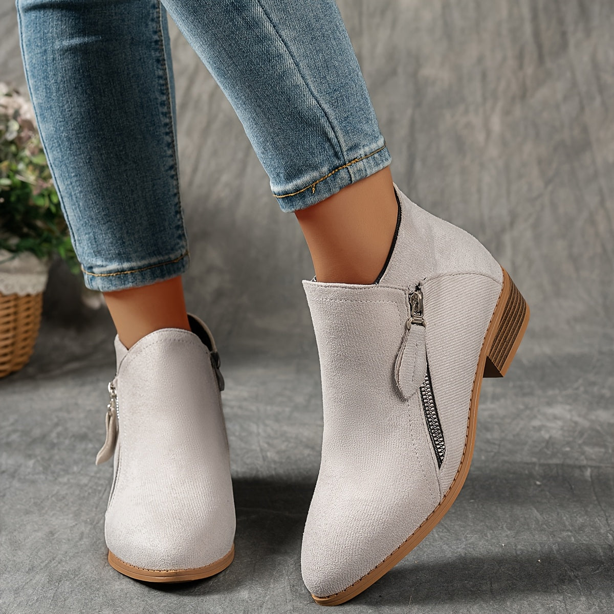 Women's Velvet Chunky Heel Ankle Boots with Slip-On Zipper and Non-Slip Sole