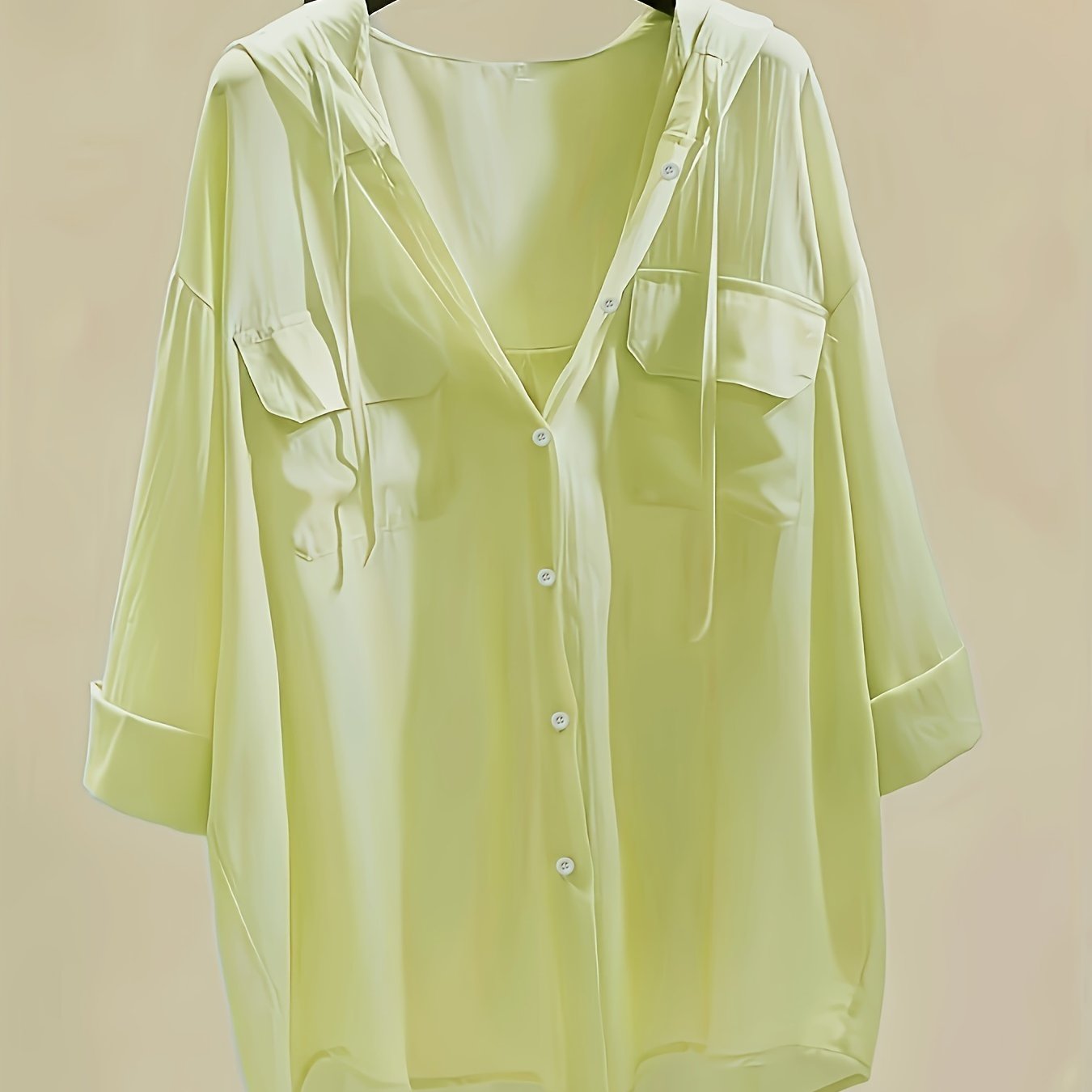 Women's Hooded Blouse with Button Front and Pockets, Solid Polyester Casual Top