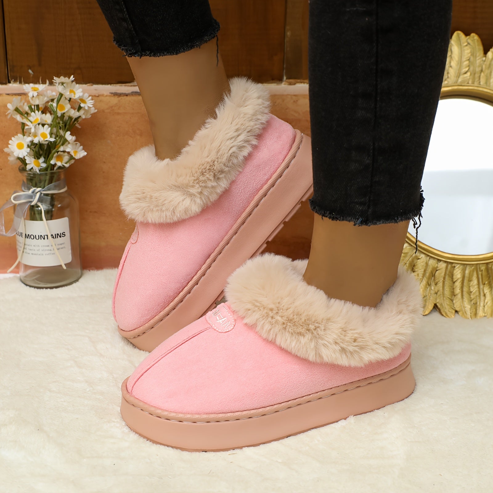 Women's Winter Slippers Indoor Outdoor Cushioned EVA Brown White Plush