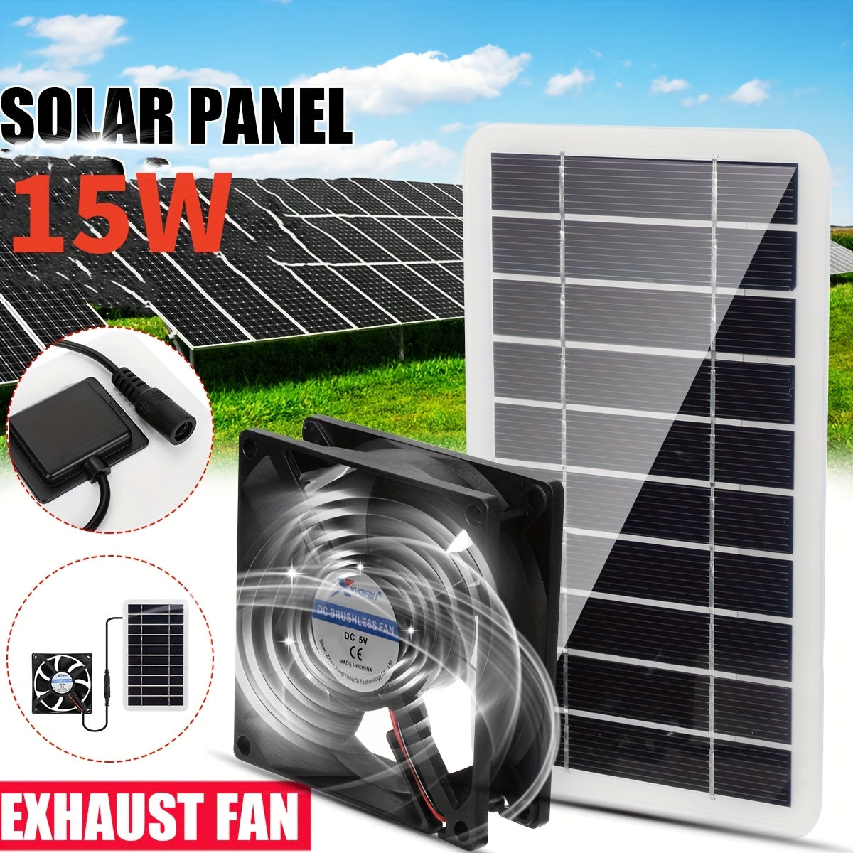 Quyosh energiyali itlar, mushuklar va qushlar uchun 15W tashqi havoni aylantirish uchun hayvonlar uchun chiqarish ventilyatori