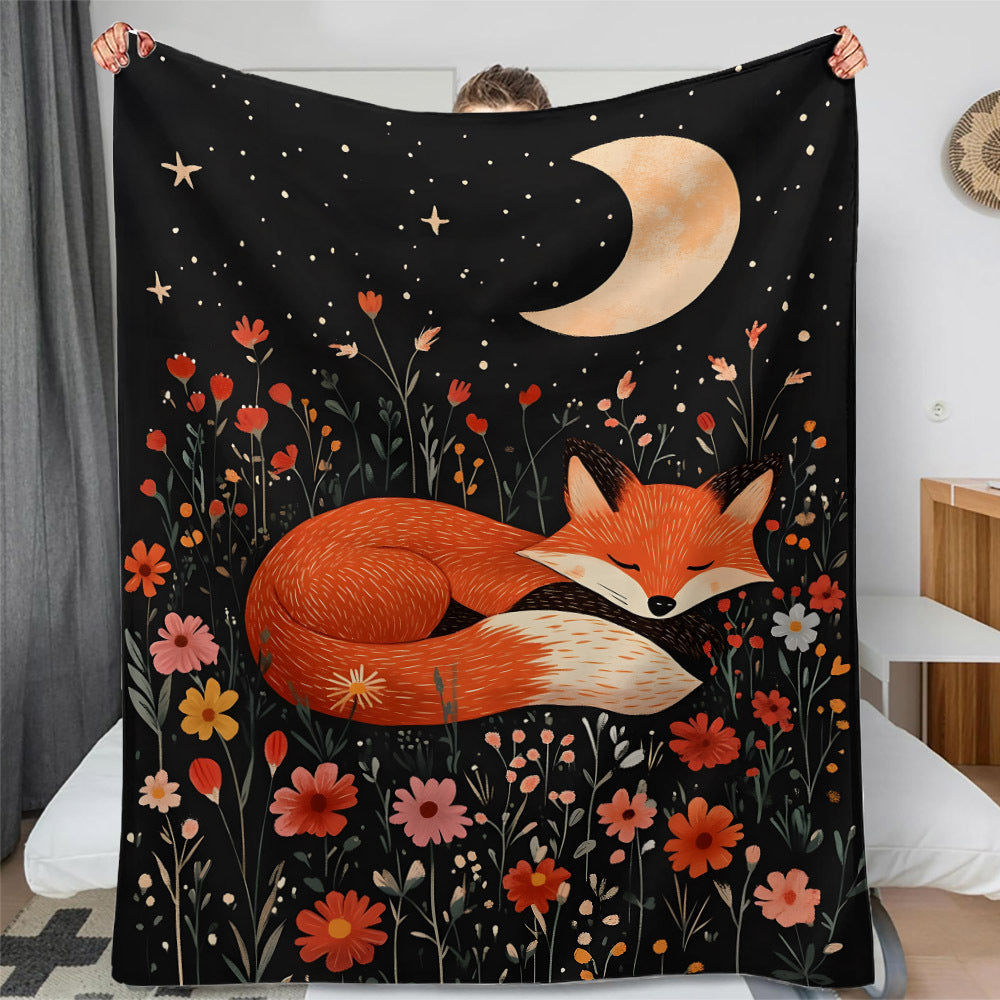 Contemporary Flannel Fleece Throw Blanket with Fox and Floral Print All-Season Warmth