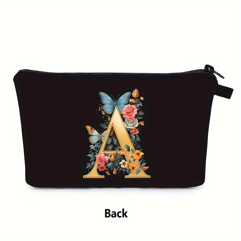 Bolsa de maquillaje negra para mujer con patrón de mariposas y flores para organizar los esenciales de belleza