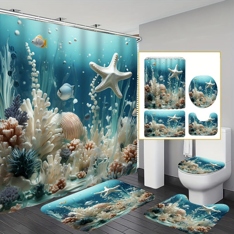 Blue Coral Print Shower Curtain Set with Waterproof Curtain Floor Mat and Hooks