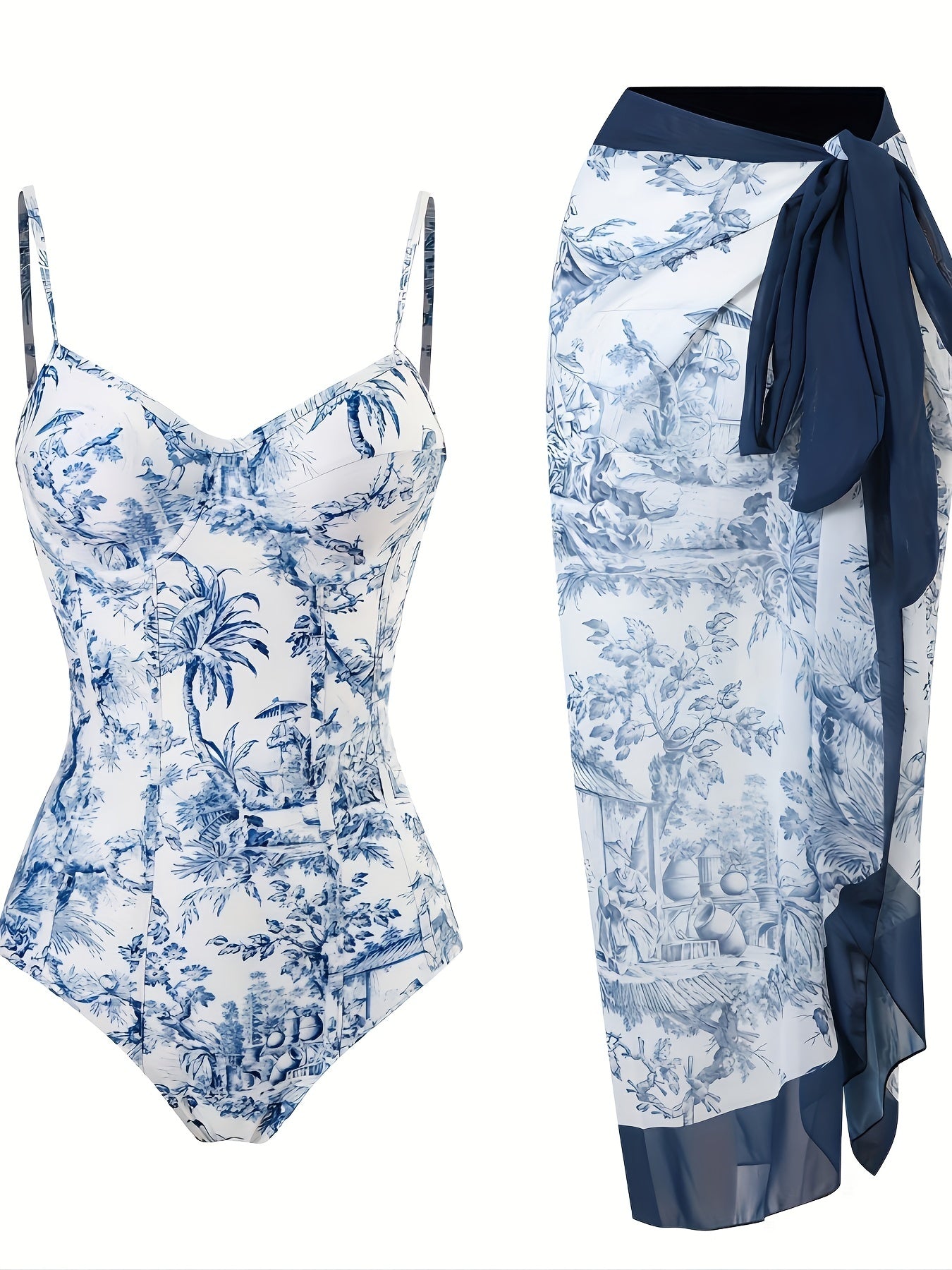 Ayollar uchun Spagetti strapli Blue Chinoiserie print push-up suzish kostyumi
