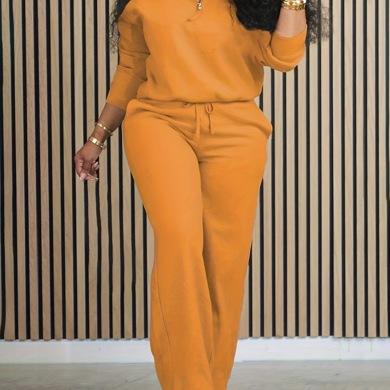 Women's Polyester Elastane Vacation Set Top and Bottom with Zipper and Stand Collar All-Season Casual Outfit