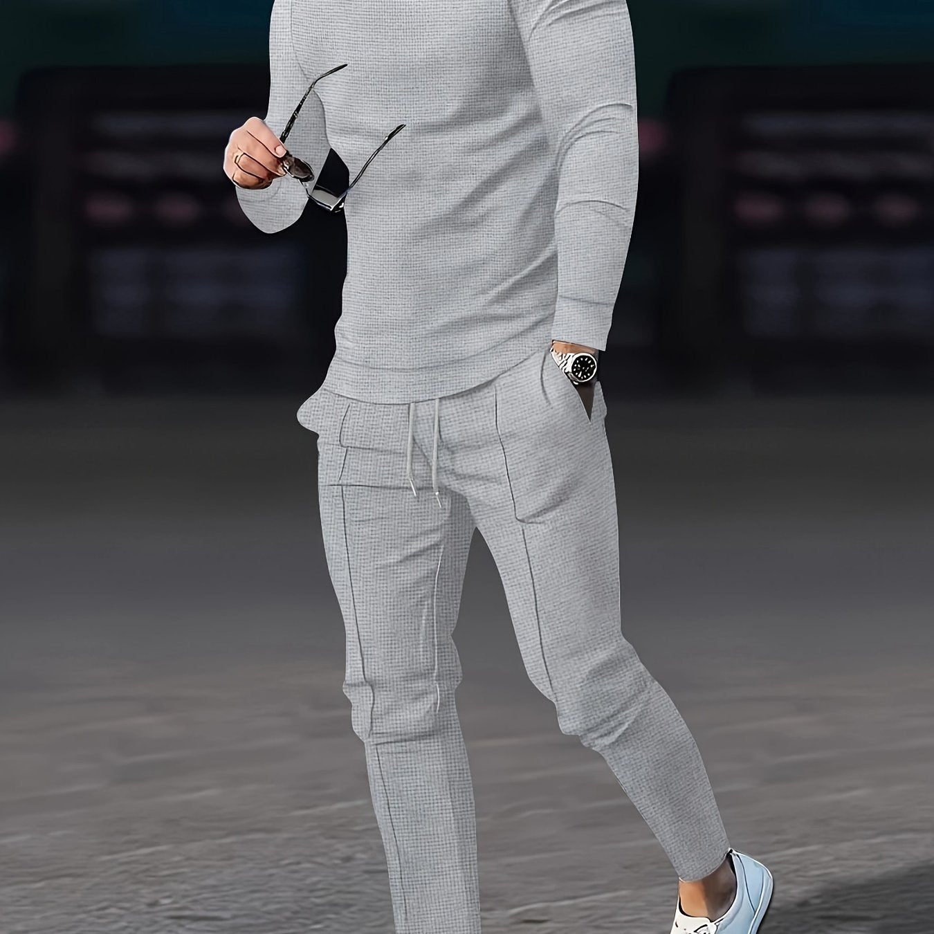 Men's Waffle Pattern Casual Outfits Set Long Sleeve Sweatshirt and Joggers Spring Fall