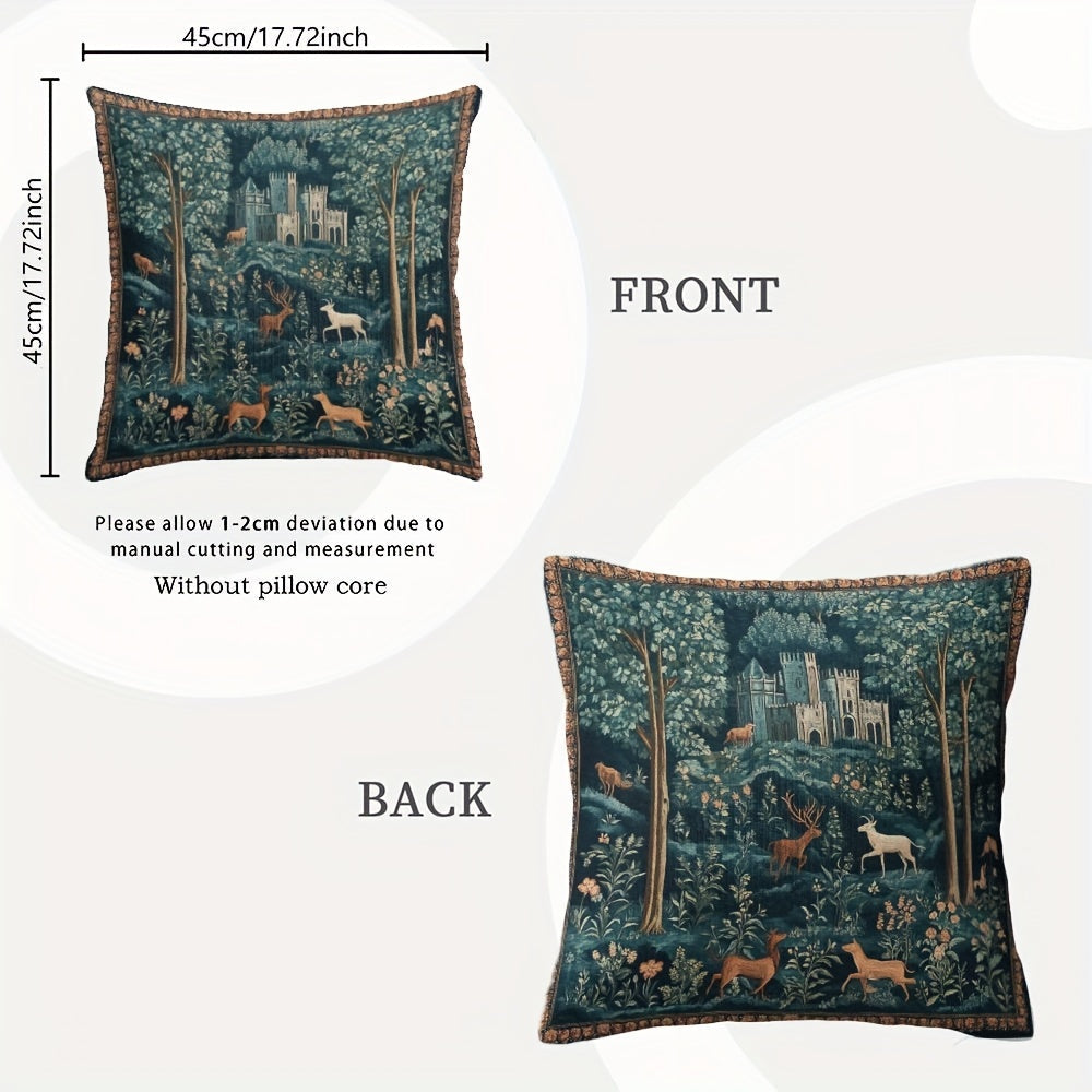 Polyester Pillow Cover Medieval Tapestry Style Double-Sided Decorative Zipper Living Room Decor