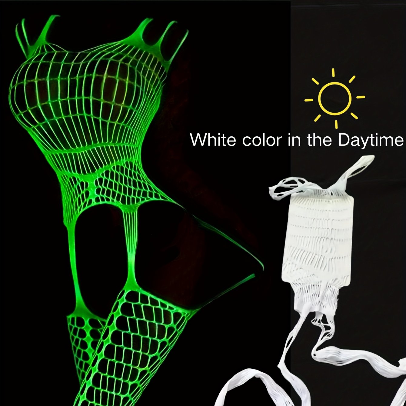 Women's Glow in the Dark Fishnet Bodysuit Lingerie with Mesh Stockings