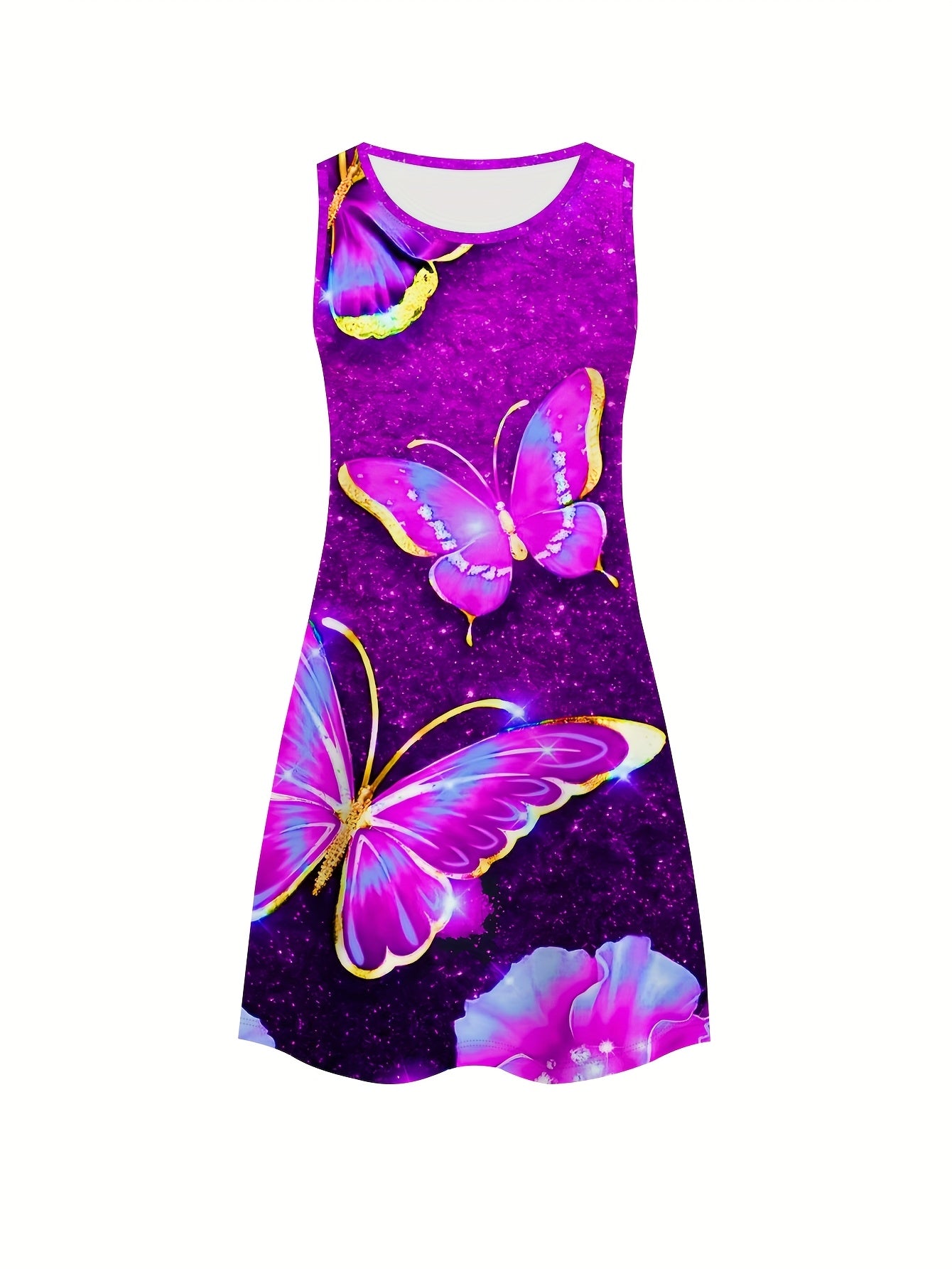 Plus Size Women's Sleeveless Sports Dress Vibrant Purple Butterfly Print