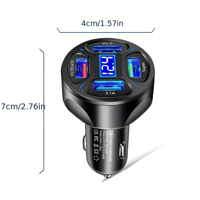 Universal Car Charger 66W 4-Port USB Fast Charging Digital Display
