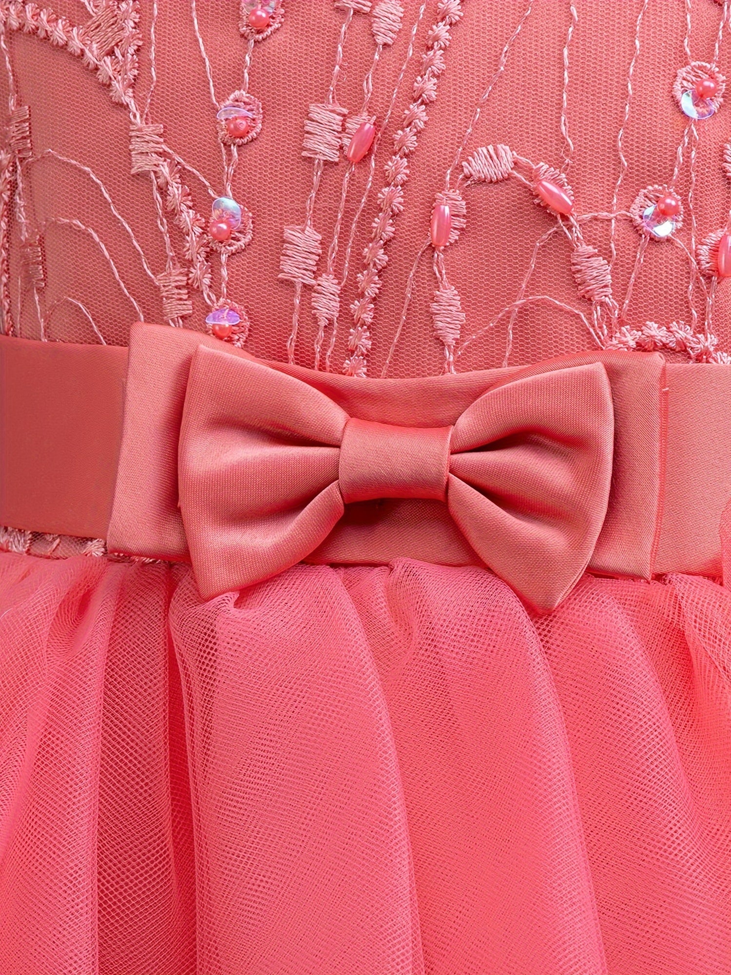 Children's Sleeveless Dress with Tiered Mesh Tutu Faux Pearls Bowknot Floral Summer