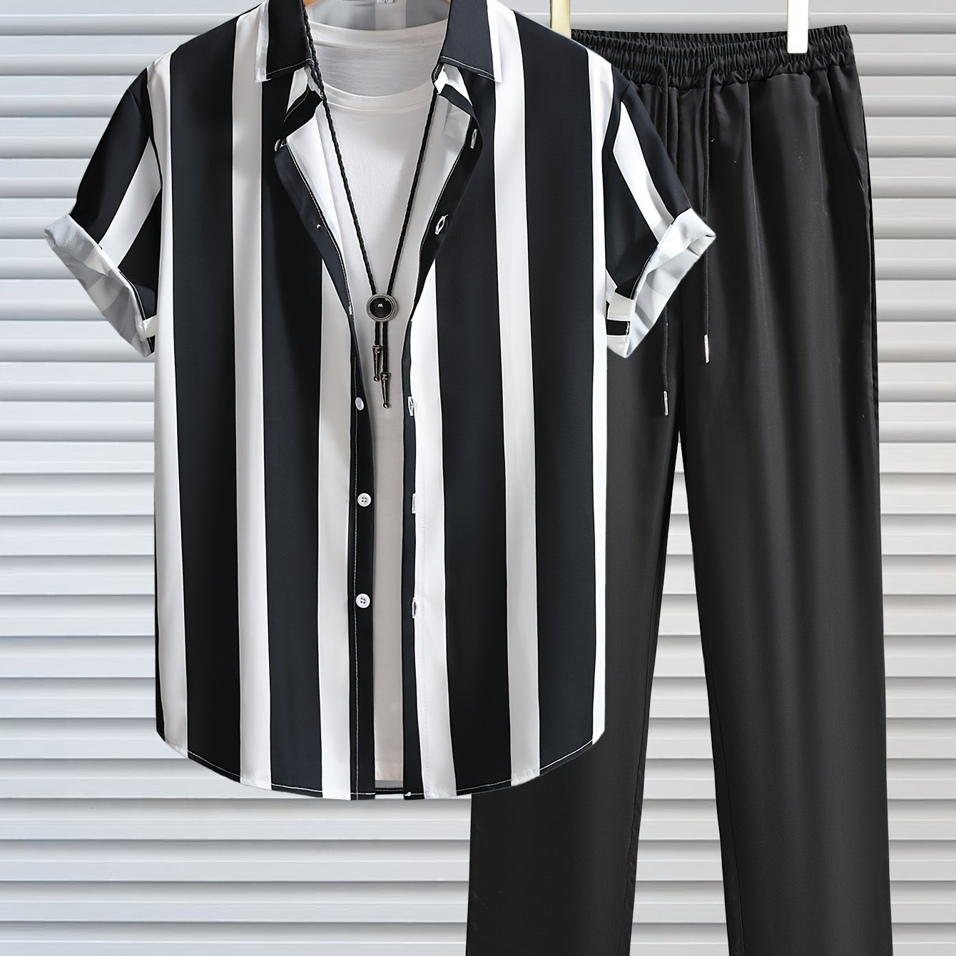 Men's Casual Outdoor Outfit Set Striped Lapel Shirt and Drawstring Pants