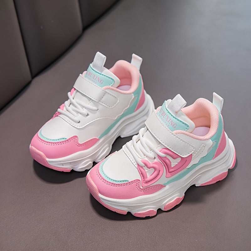 Girls' All-Season Fashion Sneakers with Heart Pattern, Color Block, Rubber Sole