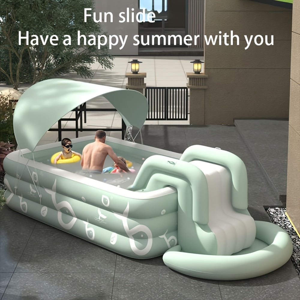 Inflatable Family Pool with Sunshade Slide and Foot Pump