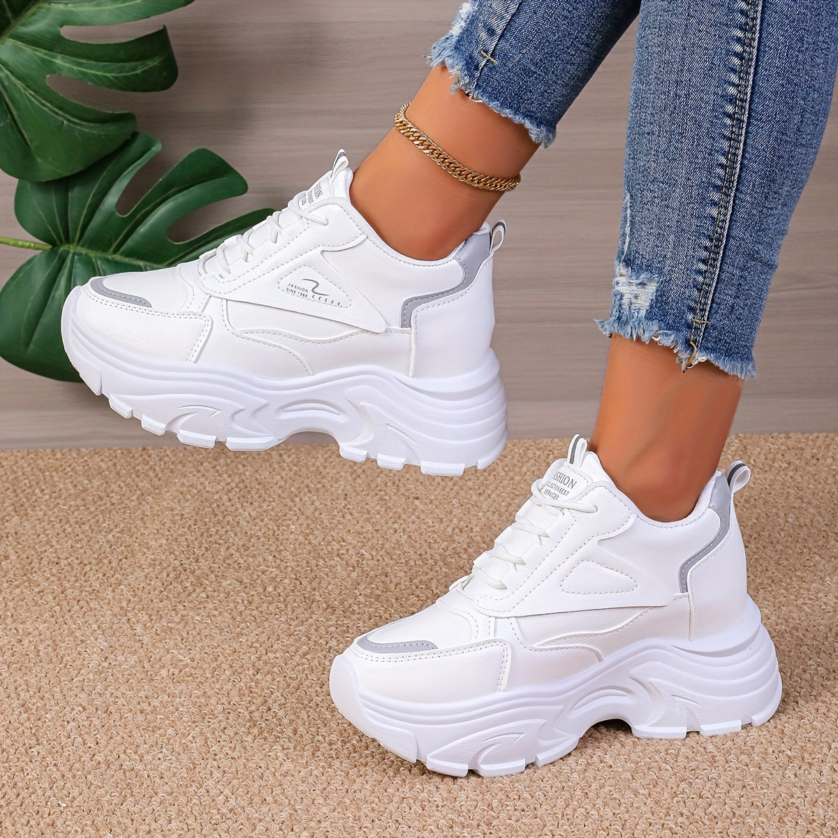 Women's Chunky Sneakers with Wedge Heel Casual Lace-Up Low Top Rubber Sole
