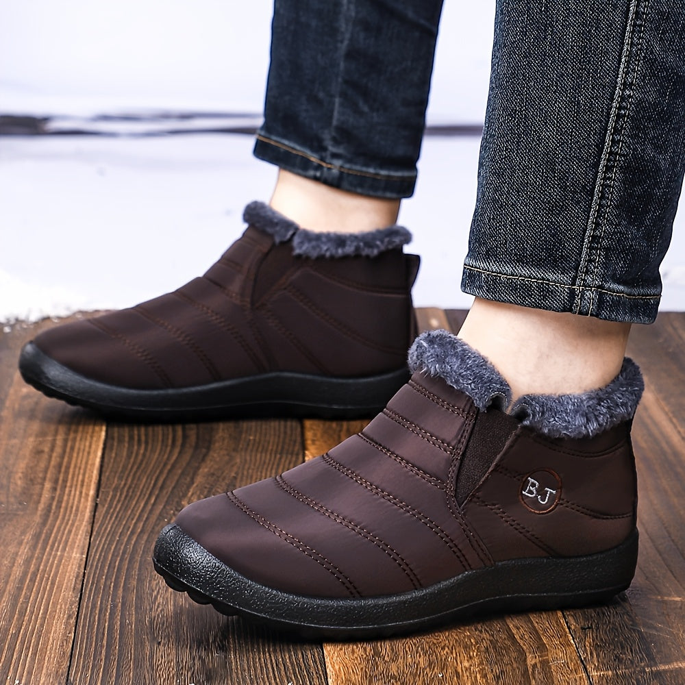 Women's Slip-On Ankle Boots Black Soft Fabric Plush Lining Comfortable Flat