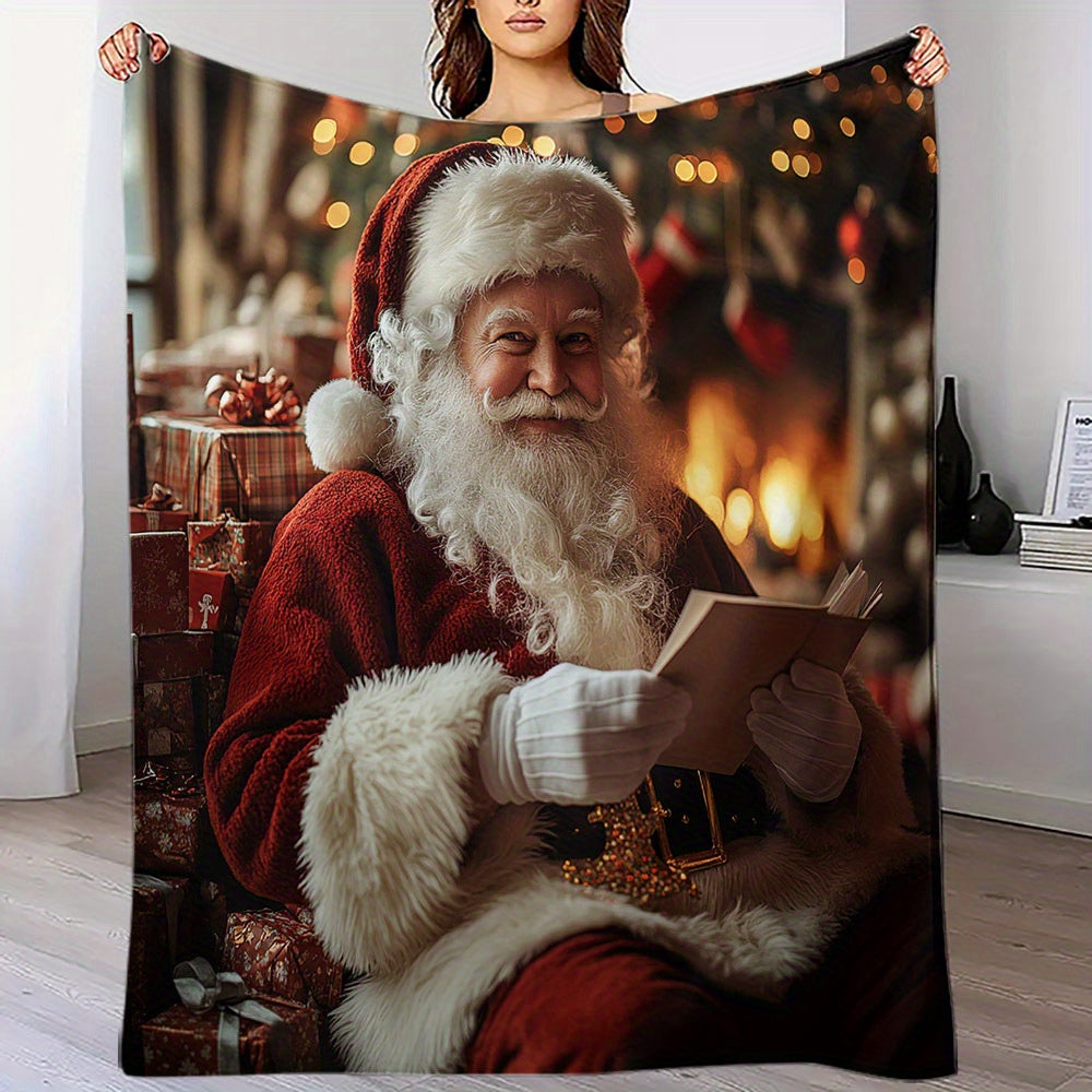 Flannel Fleece Throw Blanket with Digital Santa Print Hypoallergenic Quilted All-Season Christmas Gift