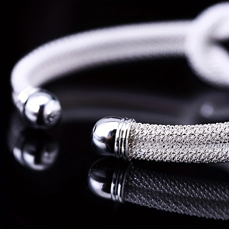 Unisex Silver S925 Braided Mesh Open Hand Ring Bracelet for Men and Women
