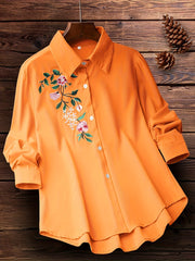 Women's Embroidered Floral Woven Shirt with Lapel Collar for Spring and Fall
