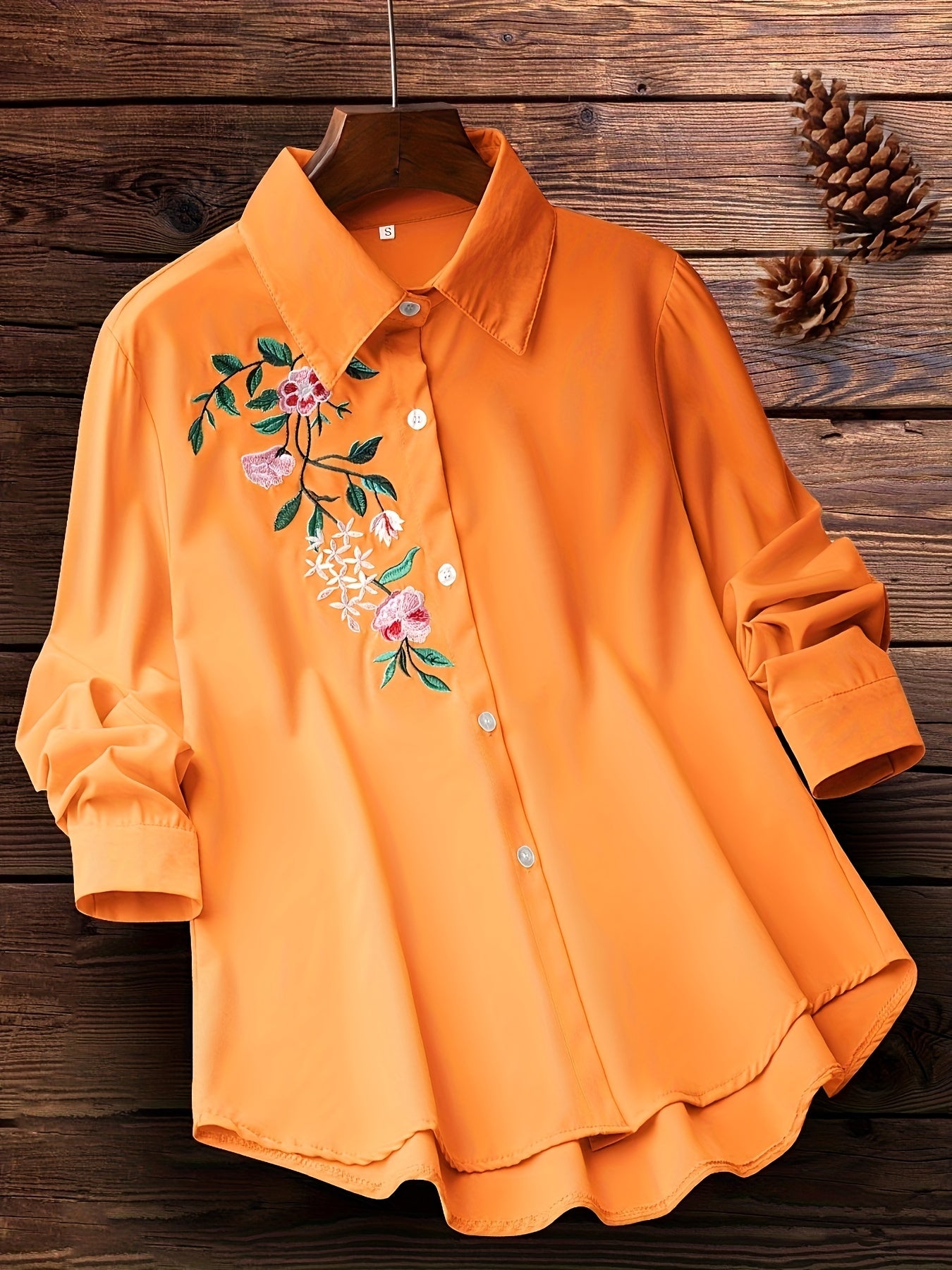 Women's Embroidered Floral Woven Shirt with Lapel Collar for Spring and Fall