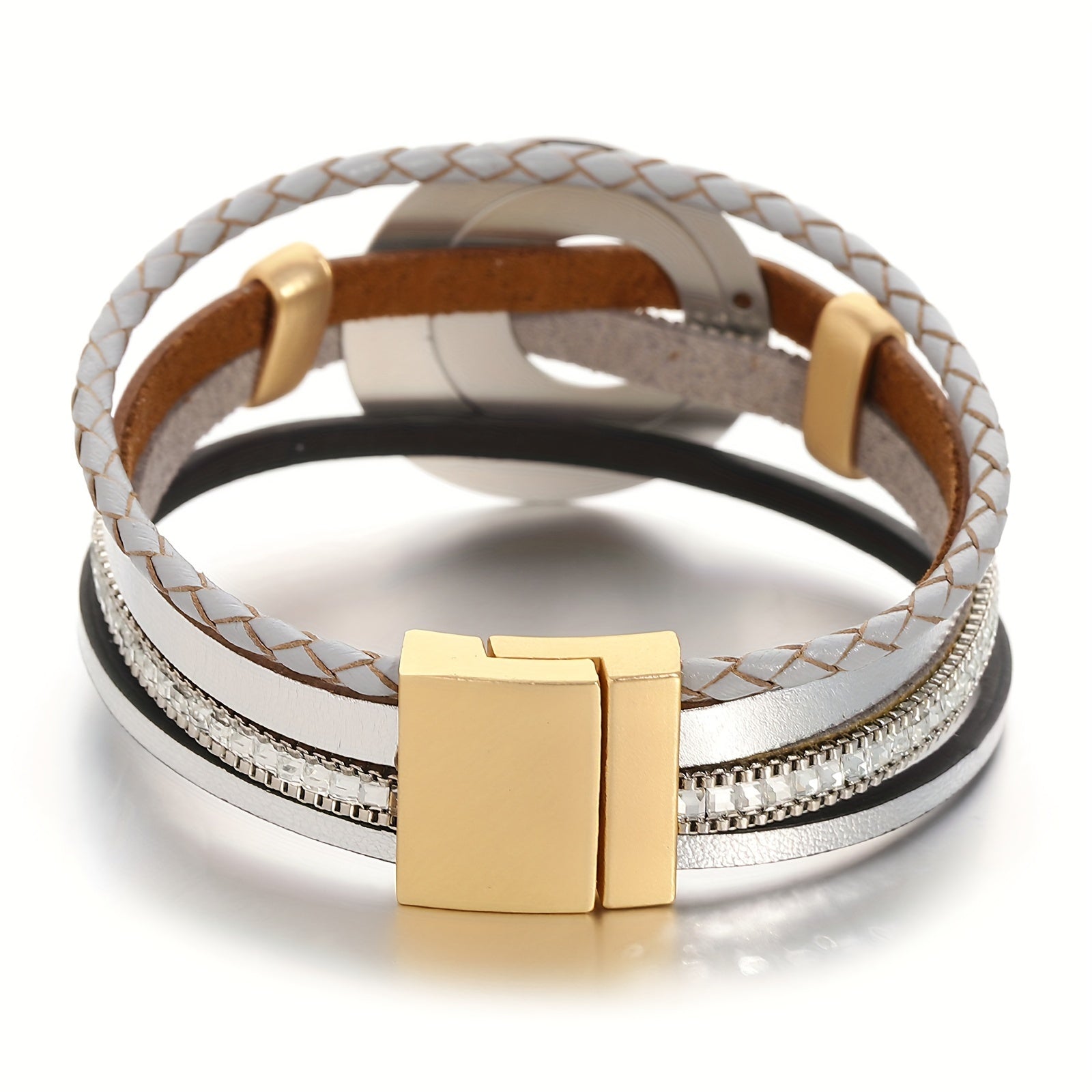 Браслет из искусственной кожи с квадратными кристаллическими бусинами и металлическим круглым кулоном - стильное украшение для рук и подарок для дам, с четырьмя слоями плетеного дизайна.