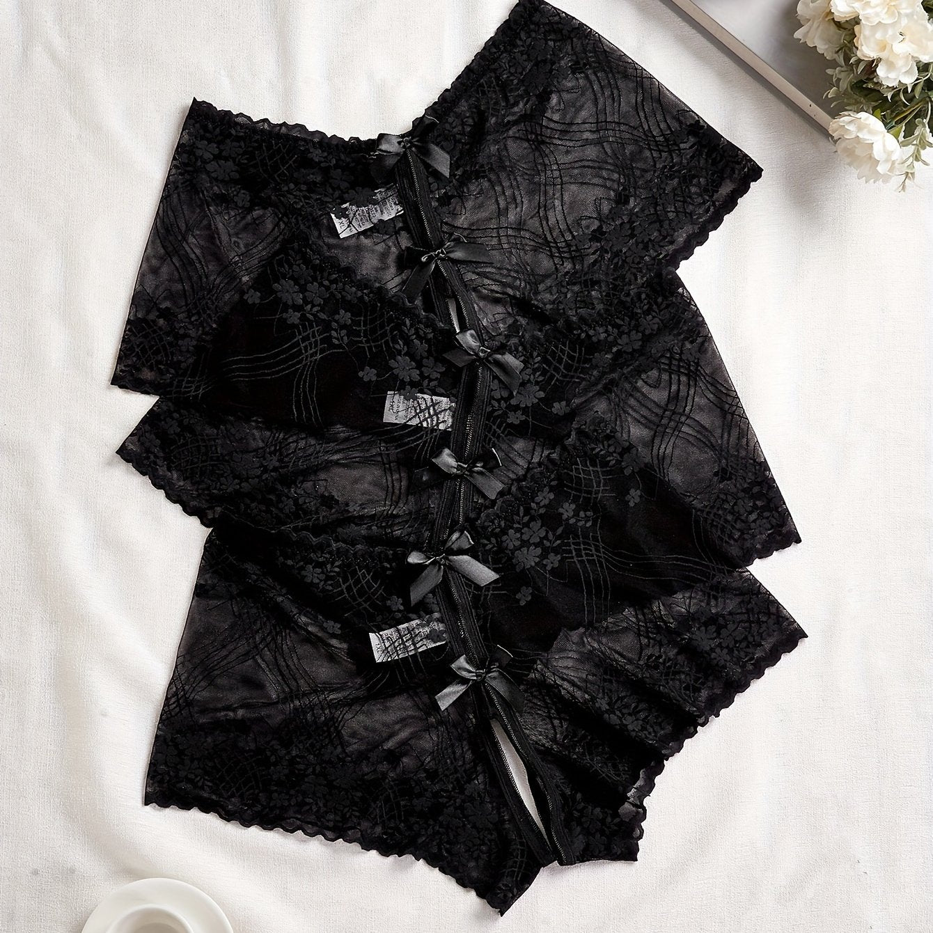 Women's Plus Size Lace Crotchless Briefs with Bow Decor and Cut-Out Details