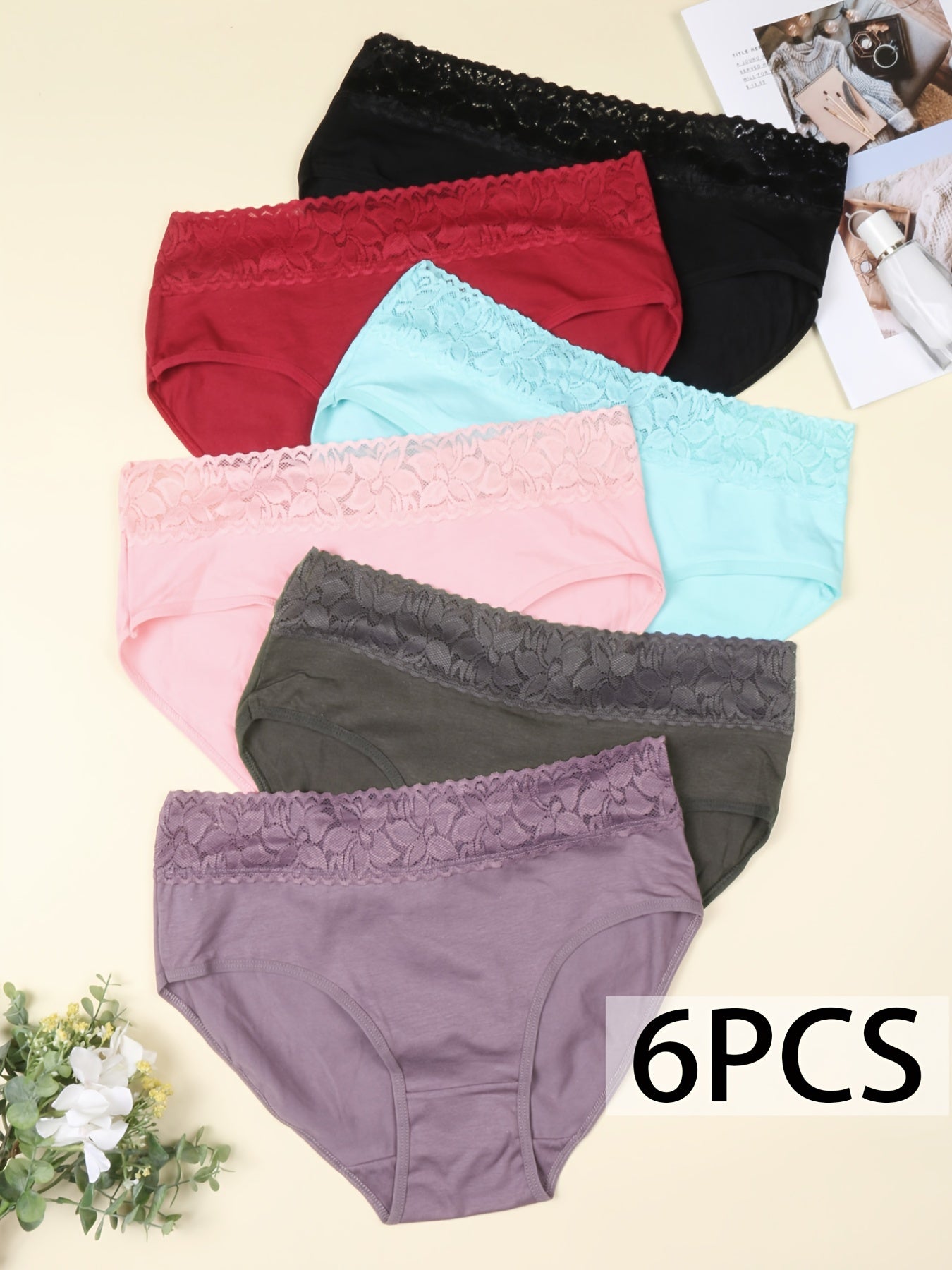 Women’s Lace Bikini Hipster Panties Pack of 6 Cotton Mid Rise Briefs Solid Color