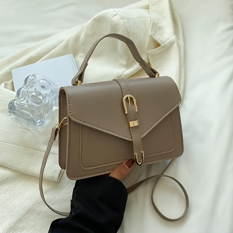 White PU Crossbody Bag with Buckle Closure and Metallic Accents for Women