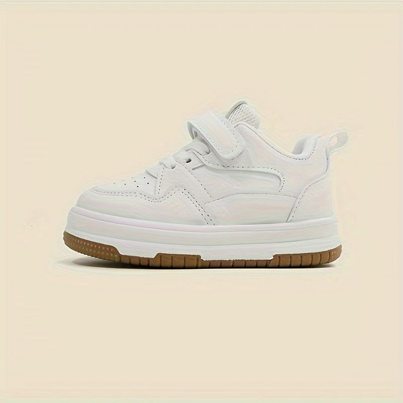 Kids' White Low Top Sneakers for Boys and Girls Adjustable Strap PU Upper Casual School Shoes