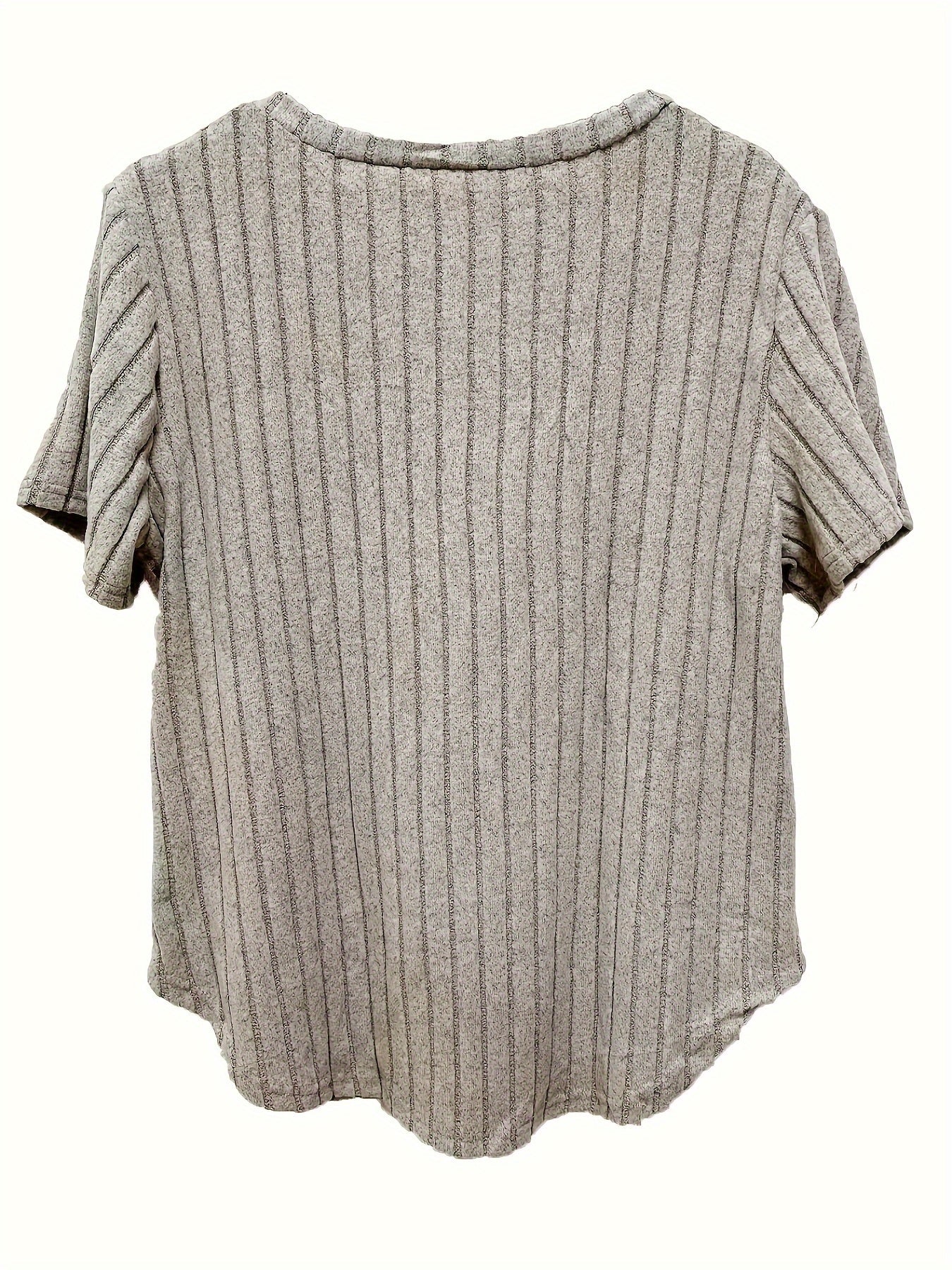 Women Short Sleeve Knit Top Slim Fit Striped Casual V-Neck