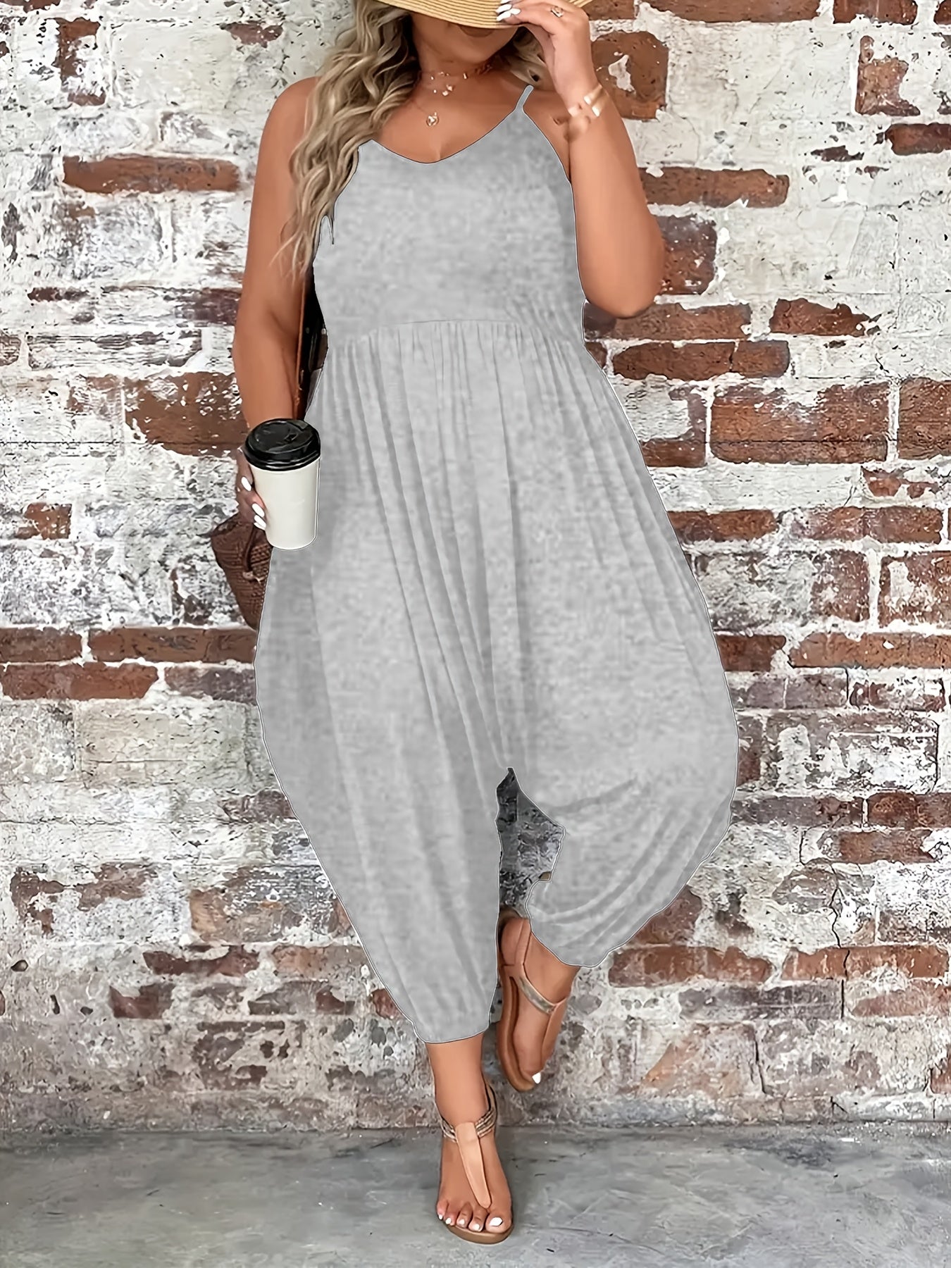 Plus Size Women's Sleeveless Romper Solid Color Loose-Fit Casual Clothing
