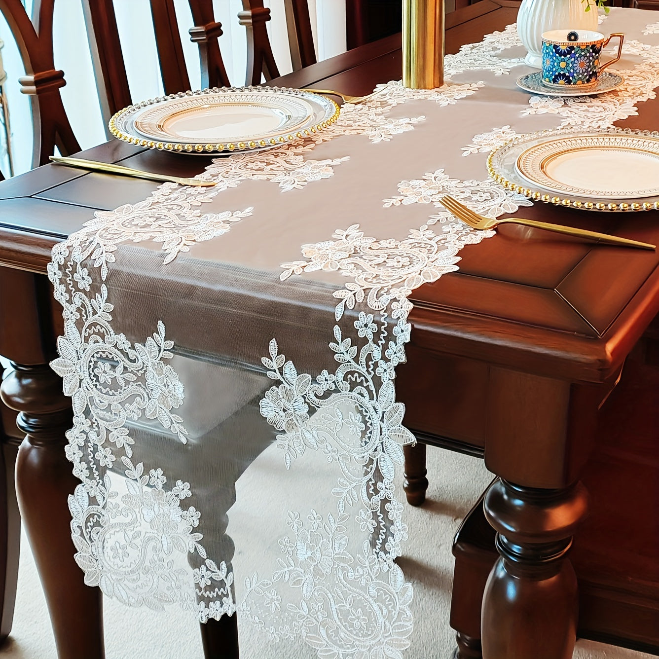 White Lace Table Runner with Floral Embroidery, Elegant, Multiple Sizes