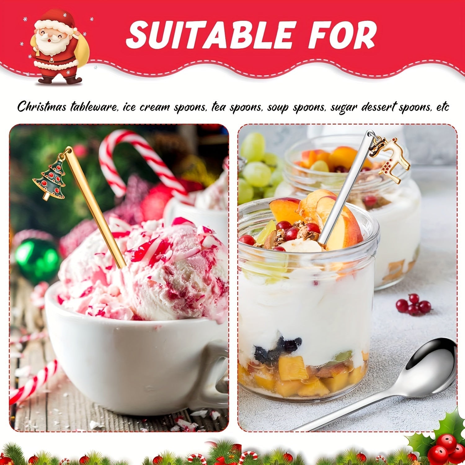 Set of 4 Festive Stainless Steel Christmas Coffee and Tea Spoons for Hot Chocolate and Desserts