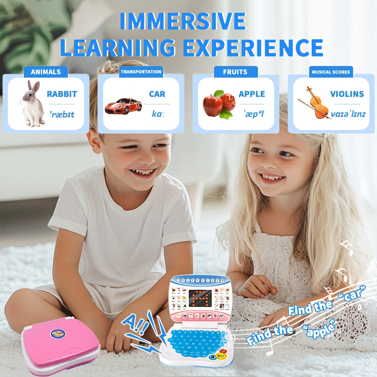 Mini Educational Laptop Toy for Kids 3+ with Letters Numbers and Music White Blue Pink