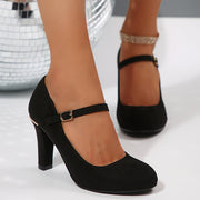 Women's Chunky Heel Pumps with Metallic Accents and Ankle Strap Black Beige