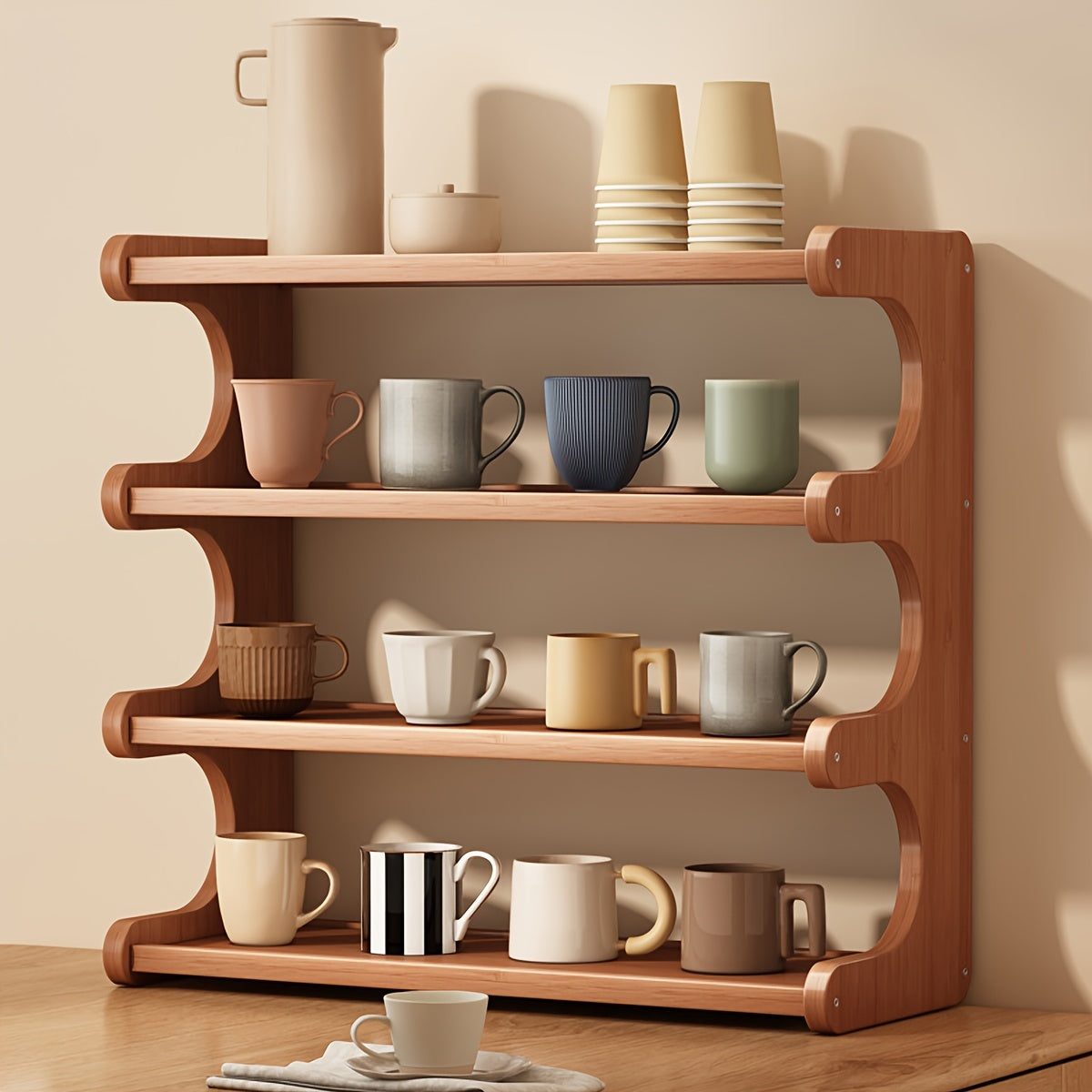 Soporte de escritorio de bambú curvado, 4 capas, organizador de encimera que ahorra espacio