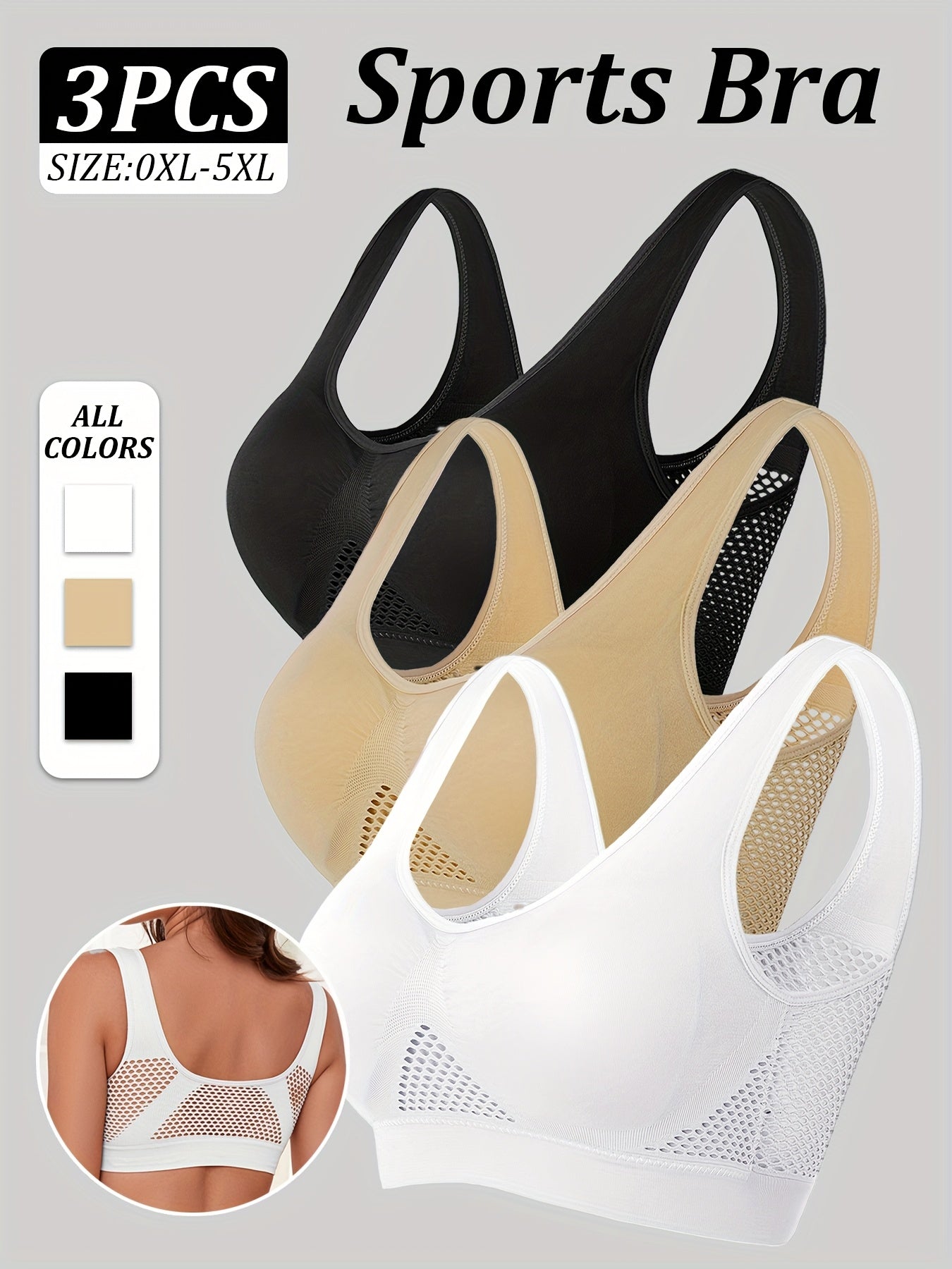 Women’s Sports Bras 3 Pack V-Neck Removable Padding Breathable Mesh