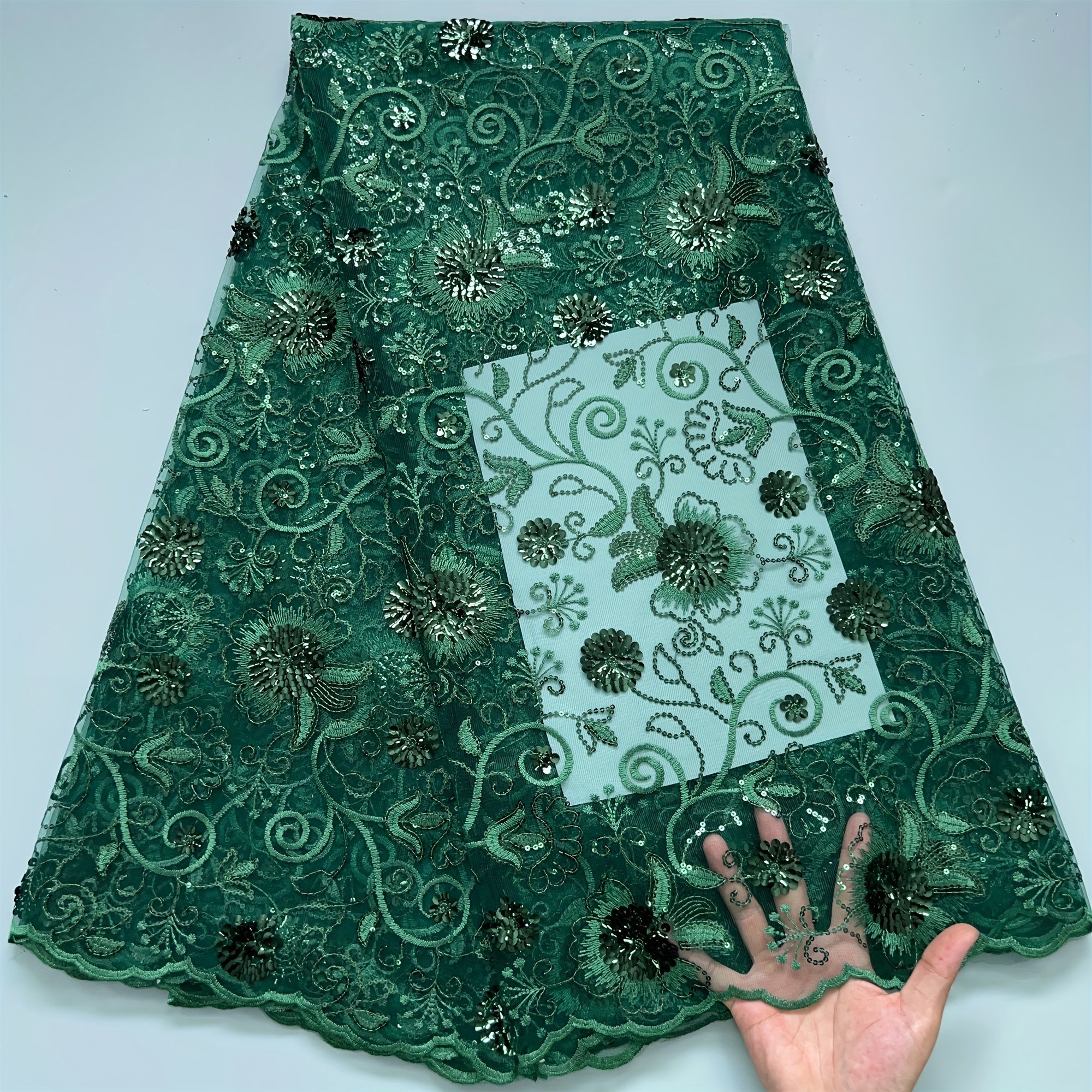 Floral Sequin Tulle Lace Fabric 4.57 Meters for Bridal Gowns Polyester Hand Wash