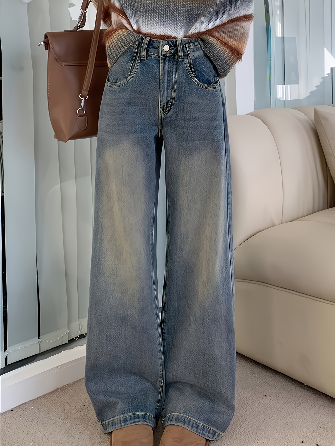 Women High-Waist Wide-Leg Denim Jeans Light Blue Casual Slimming